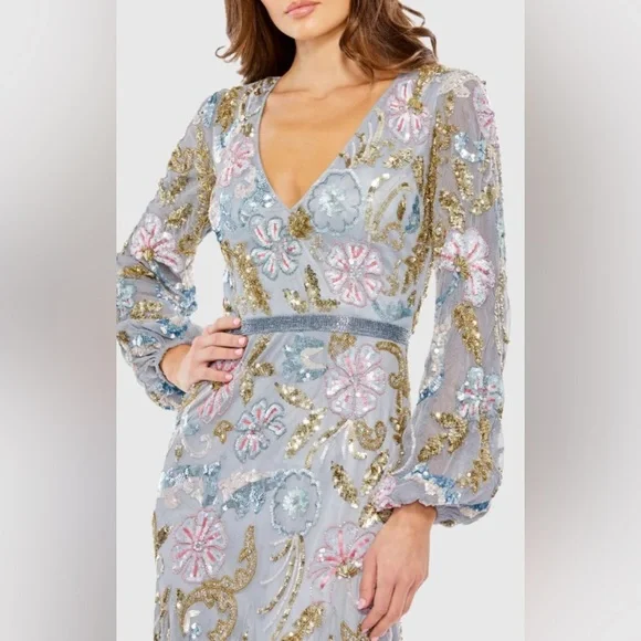 NWT Mac Duggal 5423 Gray Platinum Multi Long Cuff Sleeve Midi Dress Size 12 - Picture 2 of 3